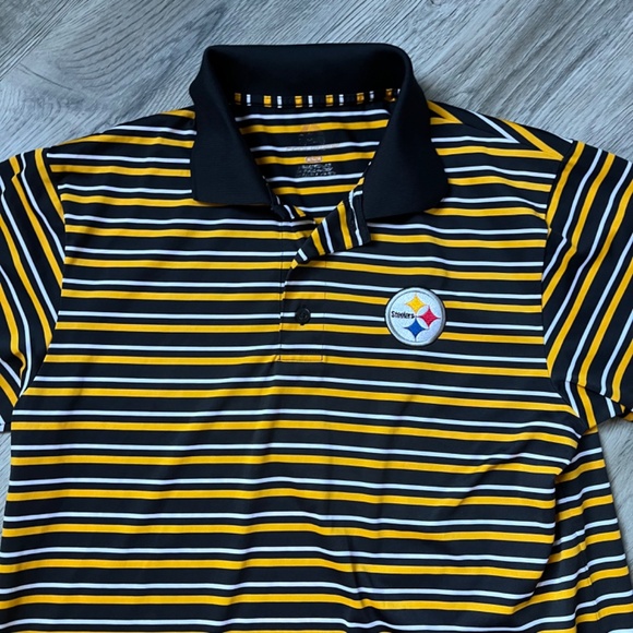 Majestic Mens Medium Black & Yellow Striped Polo Shirt NFL Pittsburgh Steelers - Picture 2 of 7